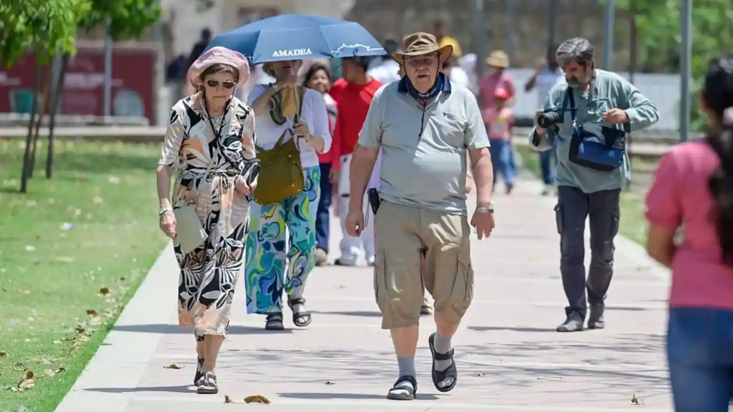 Tourists in Delhi are using hats to protect themselves from the heat.
