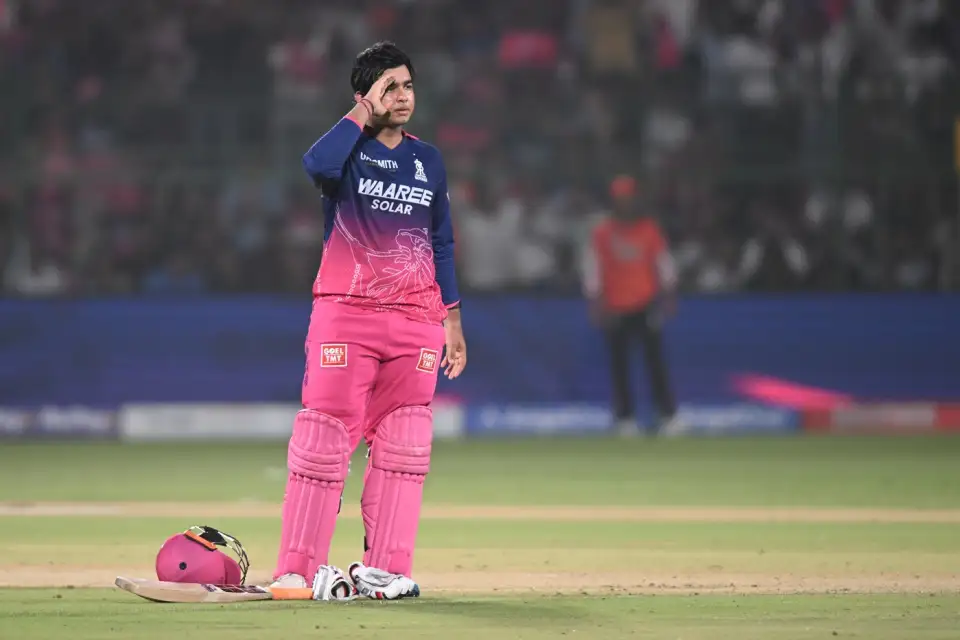 Vaibhav Suryavanshi celebrates after scoring a century.