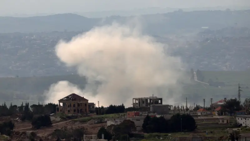 Smoke rises following an explosion in the southern Lebanese village of Taybeh on Saturday