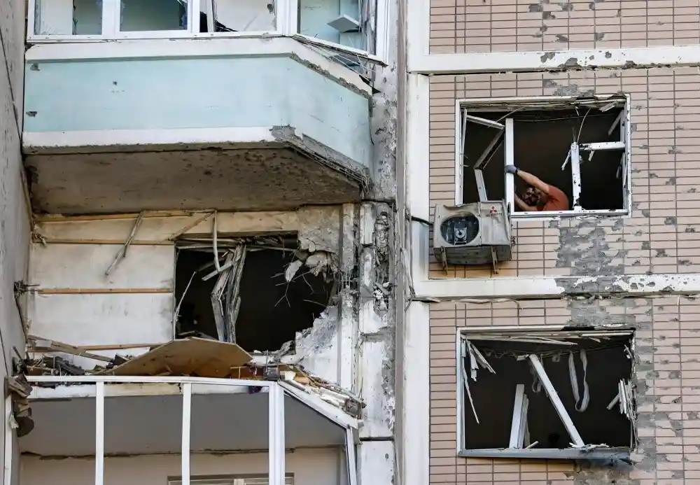 After the drone attack, the building was damaged and caught fire.