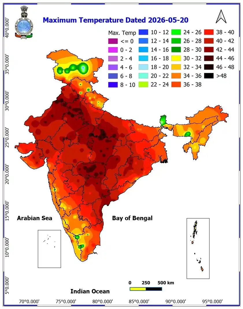 Maximum temperatures are in the range of 40-47°C over northwest, West, Central adjoining East & north Peninsular India. 