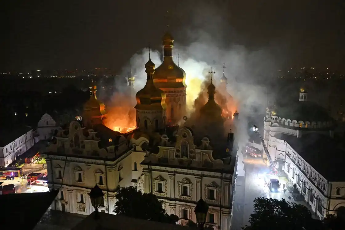 Smoke and fire rise from the Kyiv Pechersk Lavra monastery following a Russian missile strike this month. 