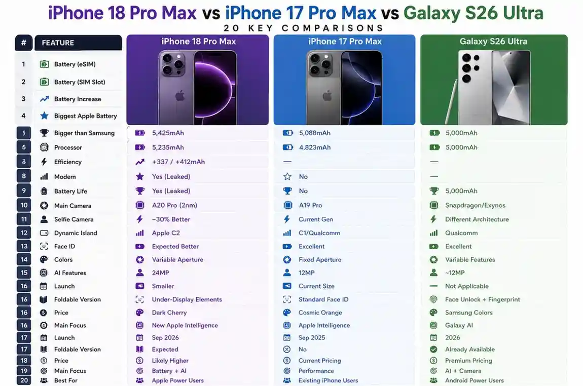 Modern infographic comparing iPhone 18 Pro Max, iPhone 17 Pro Max, and Galaxy S26 Ultra.