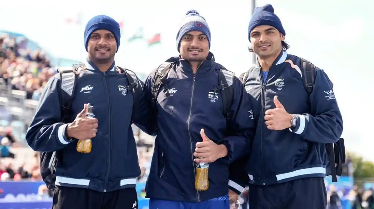 From left, India’s Yash Vir Singh, Rohit Yadav and Neeraj Chopra pose for photgraphs at the Commonwealth Games 2026, in Glasgow, Scotland, Thursday, July 30, 2026