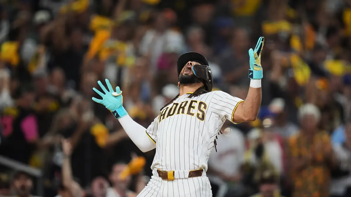 Padres' Fernando Tatis Jr. celebrates his first-inning home run in Game 1 of the NL Wild Card series vs. the Cubs, Sept. 29, 2026, in San Diego.