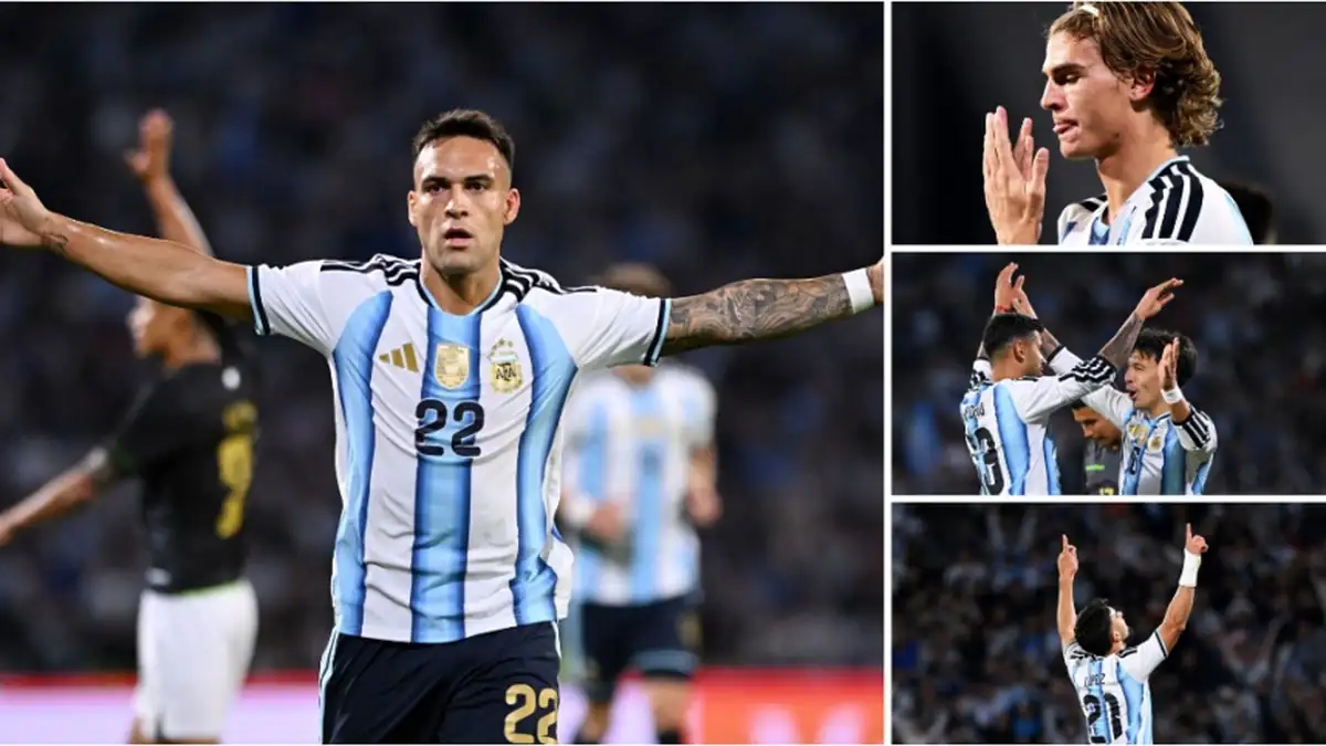 Lautaro Martínez celebrates in Argentina’s national team jersey, with a collage showing him and teammates during the match.
