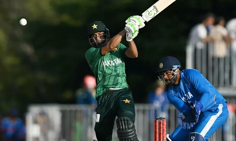 Pakistan's Hasan Nawaz plays a shot during the men's cricket final match between Pakistan and India during the 2026 Asian Games at the Korogi Athletic Park in Nisshin on October 3, 2026.