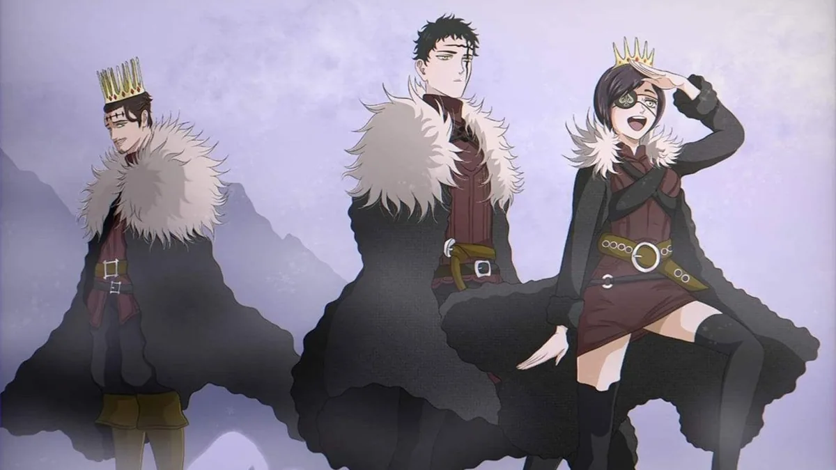 Black Clover characters wearing fur-lined cloaks and crowns in a promotional anime scene