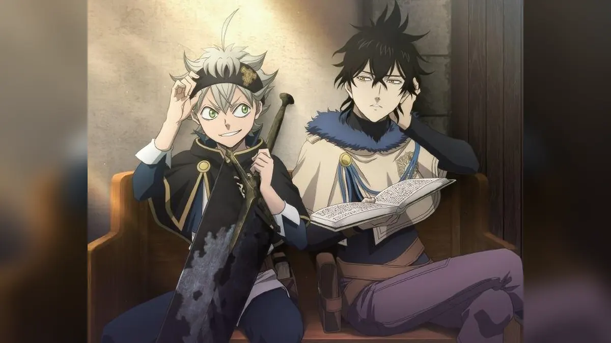 Asta and Yuno sit together in a Black Clover scene, with Asta holding his sword while Yuno reads a grimoire.