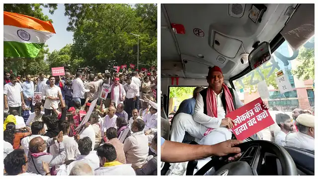 I.N.D.I.A. block leaders and supporters during a sit-in demonstration as part of their march towards the Election Commission of India office, and (R) Samajwadi Party leader Akhilesh Yadav after being detained by the police.