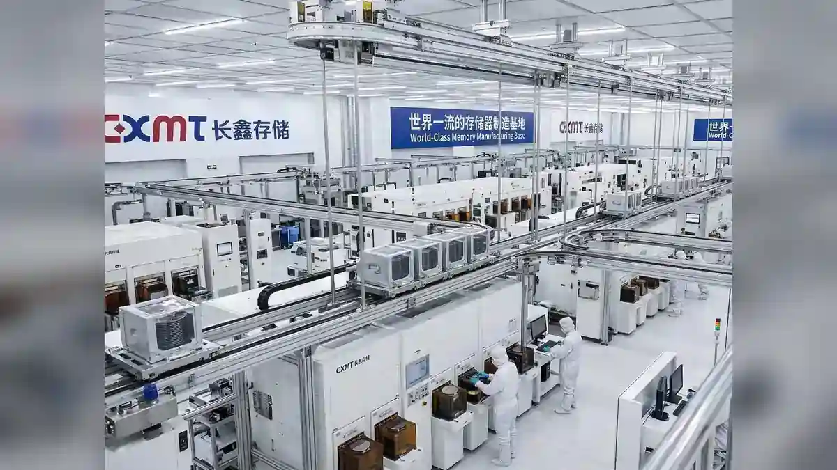 CXMT semiconductor manufacturing facility in China showing automated production equipment, overhead conveyor systems and workers in protective cleanroom suits.