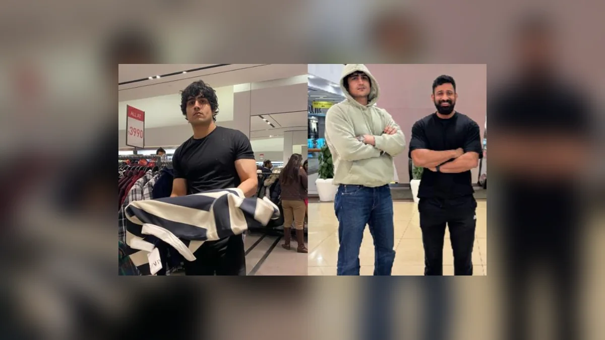 A Bigg Boss 20 contestant browses clothes in a retail store, while a second image shows two men, one wearing a light-coloured hoodie and the other dressed in black, posing together at a shopping mall.