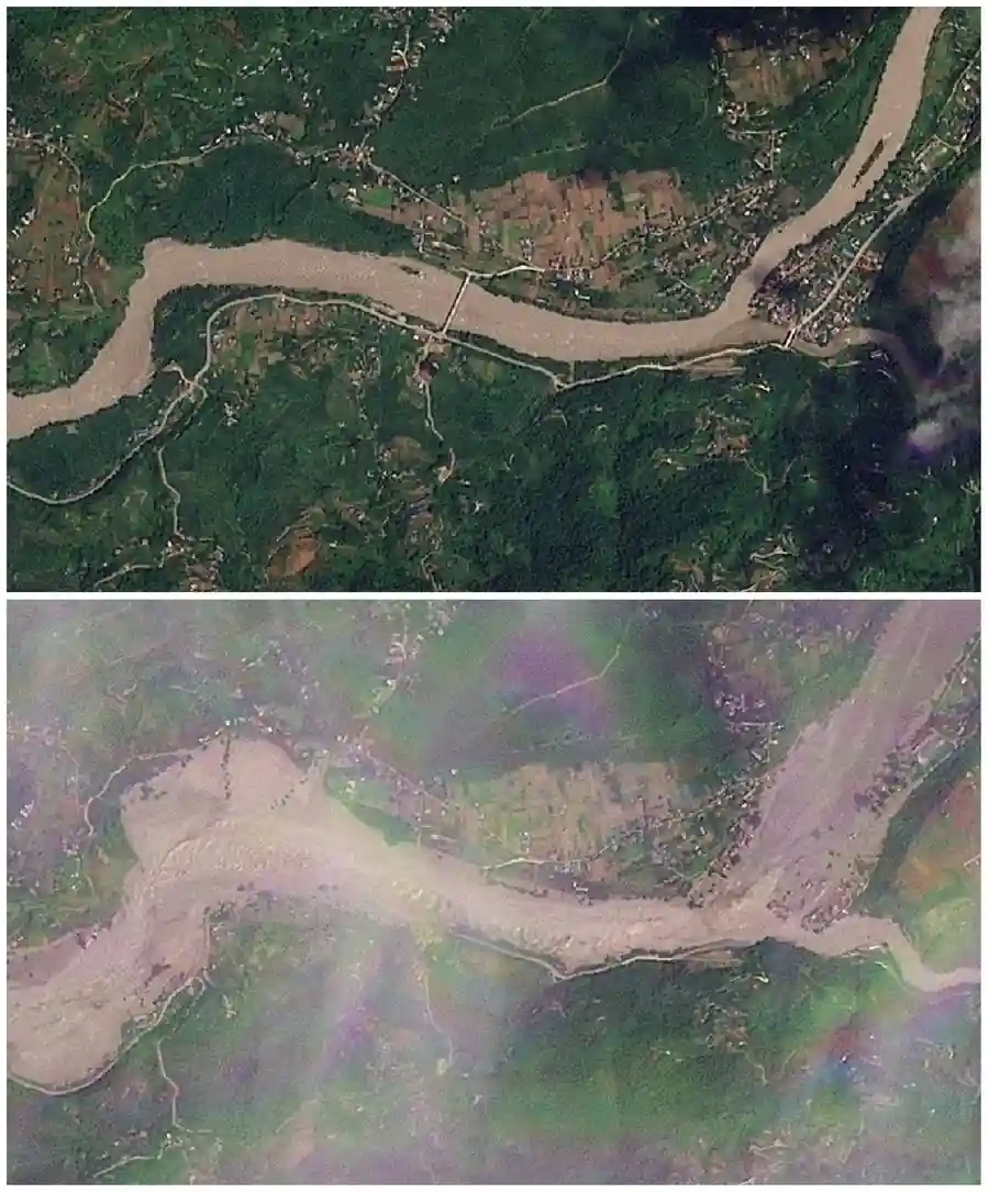 A combination of satellite images shows Khadga Bhanjyang on Sunday, before a flash flood, and again on Wednesday, after the flood.