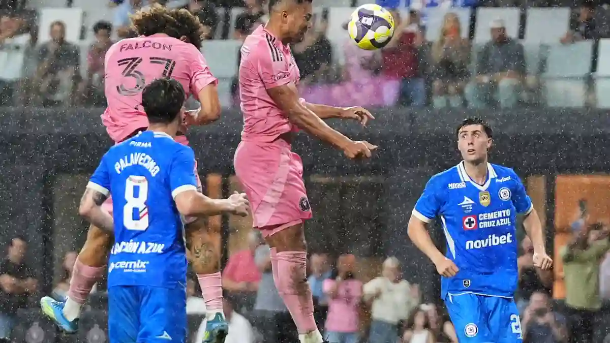 Inter Miami midfielder Casemiro, center, scores a goal during the second half of the Campeones Cup soccer match against Cruz Azul, Wednesday, Sept. 16, 2026, in Miami.