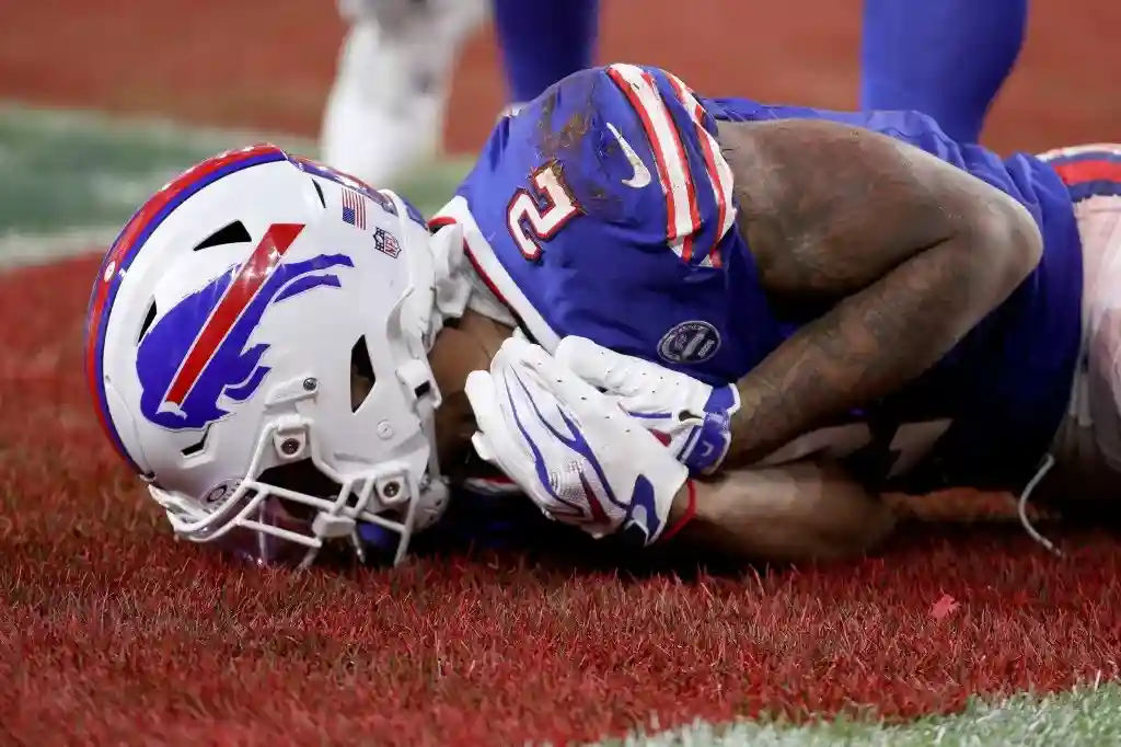 Buffalo receiver DJ Moore reacts as he lies on the field after a play during the Bills home game agains the Lions on Sept. 17, 2026 at Highmark Stadium in Orchard Park, N.Y. 
