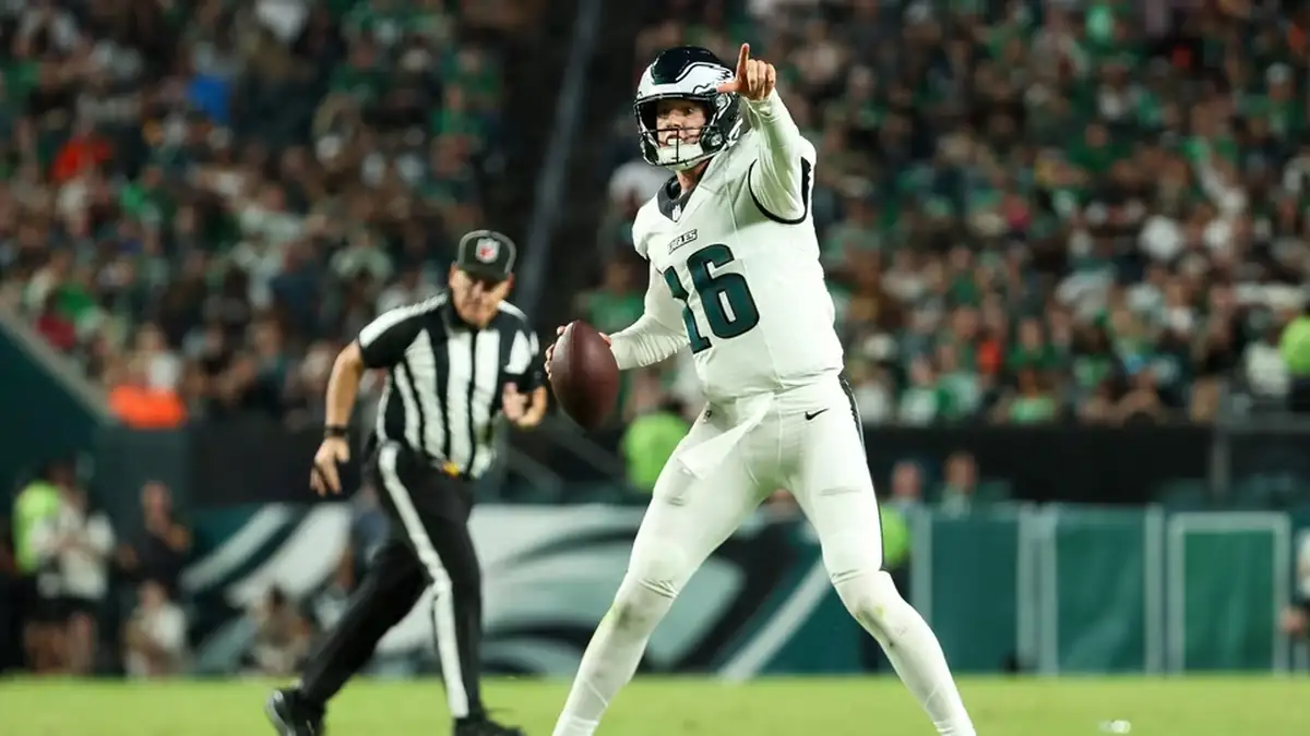 Tanner McKee #16 of the Philadelphia Eagles pictured.
