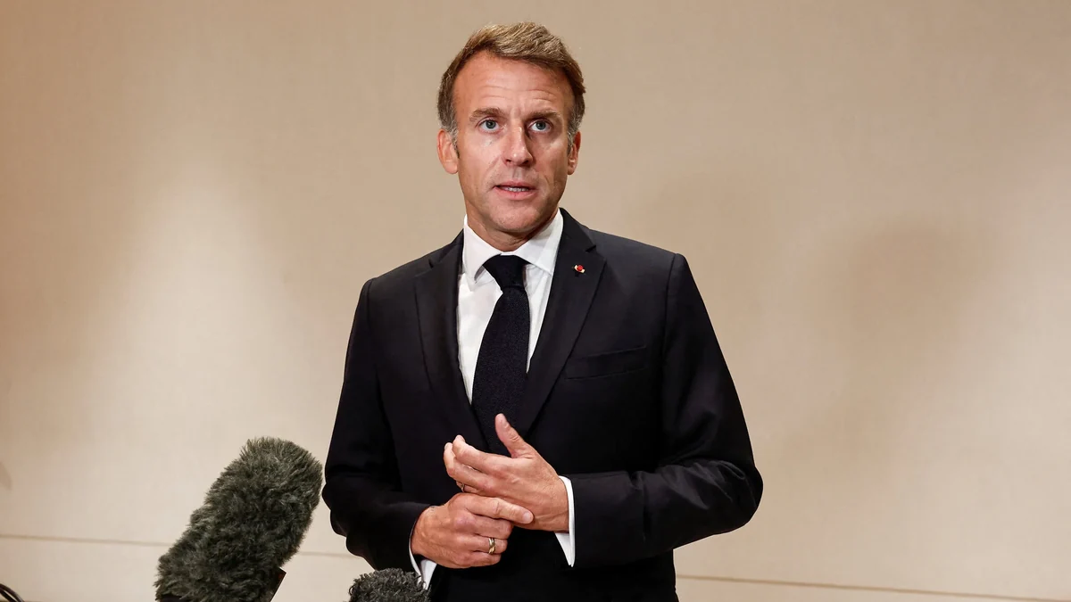 France’s President Emmanuel Macron speaks to members of the media on the day of the 9th Annual One Planet Sovereign Wealth Funds (OPSWF) Summit in Lusail on October 21, 2026.