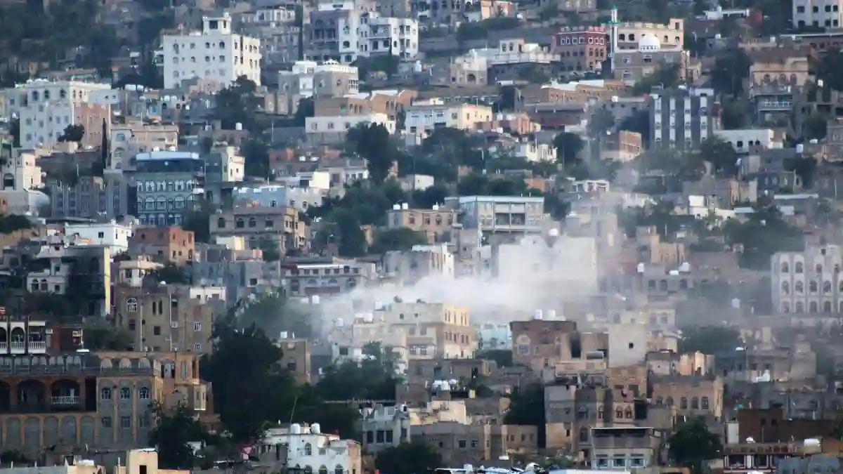 Smoke rises after an attack by Houthi rebels