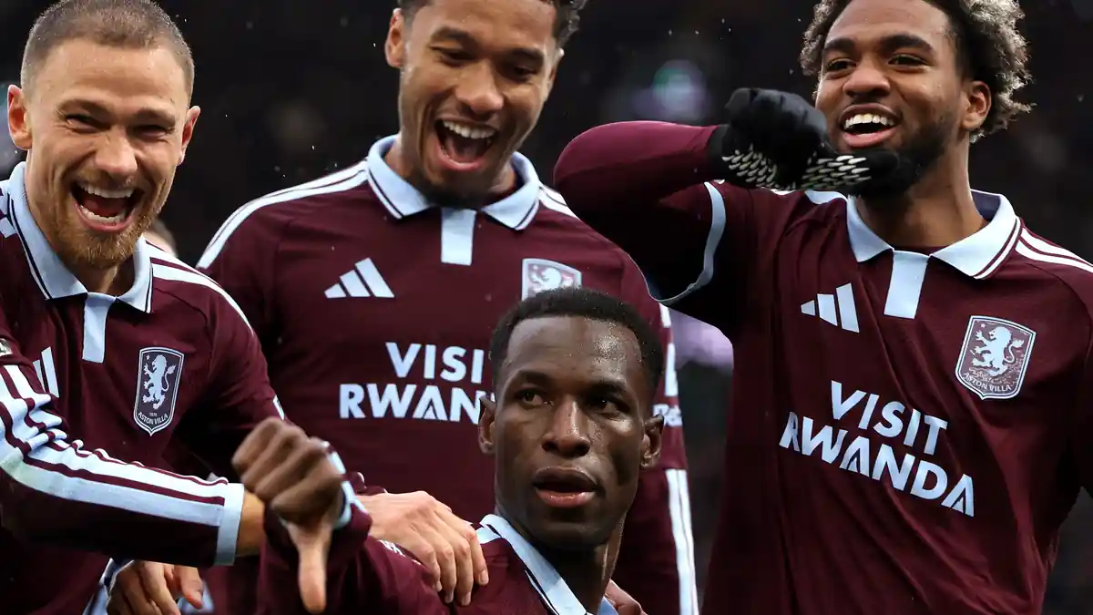 Nicolas Jackson (with thumb down) celebrates scoring his and Aston Villa’s second against Manchester City.