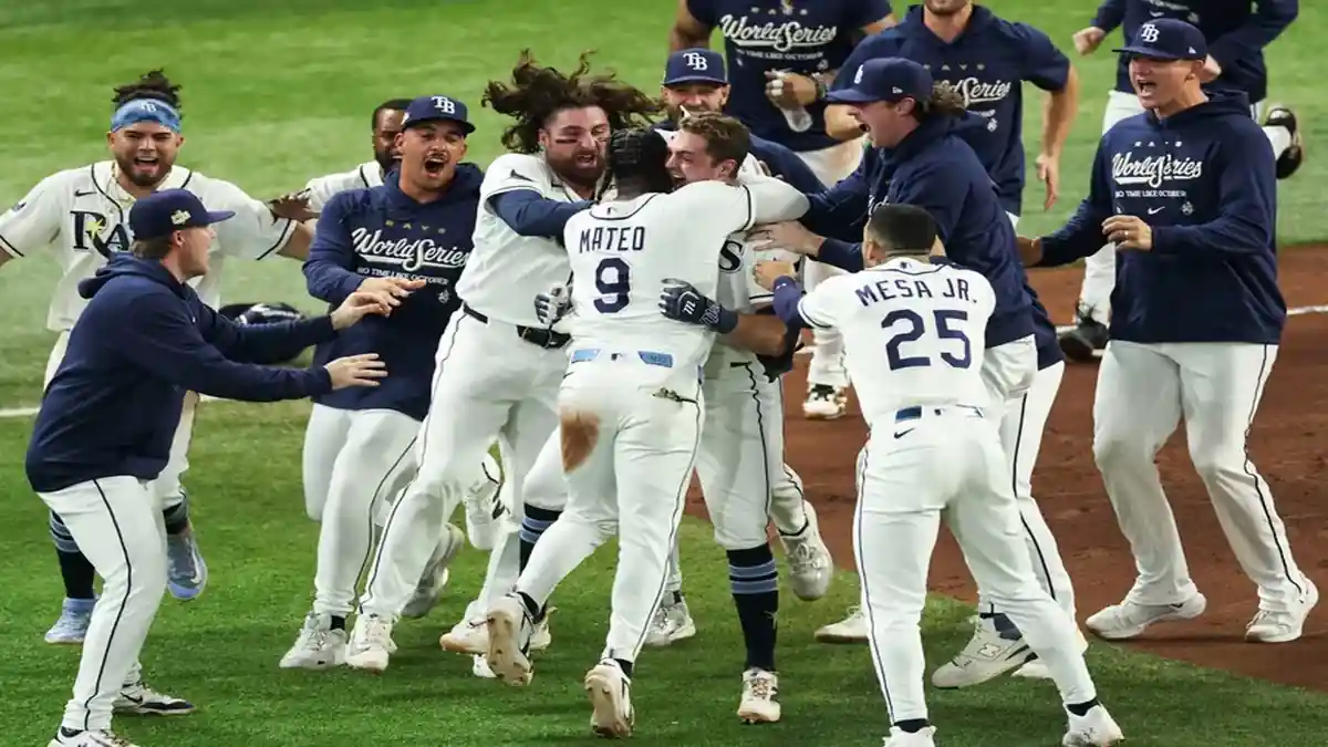 The Tampa Bay Rays celebrate after a walk-off win in Game 4 of the World Series. The series is now 3-1 in favor of the Milwaukee Brewers.