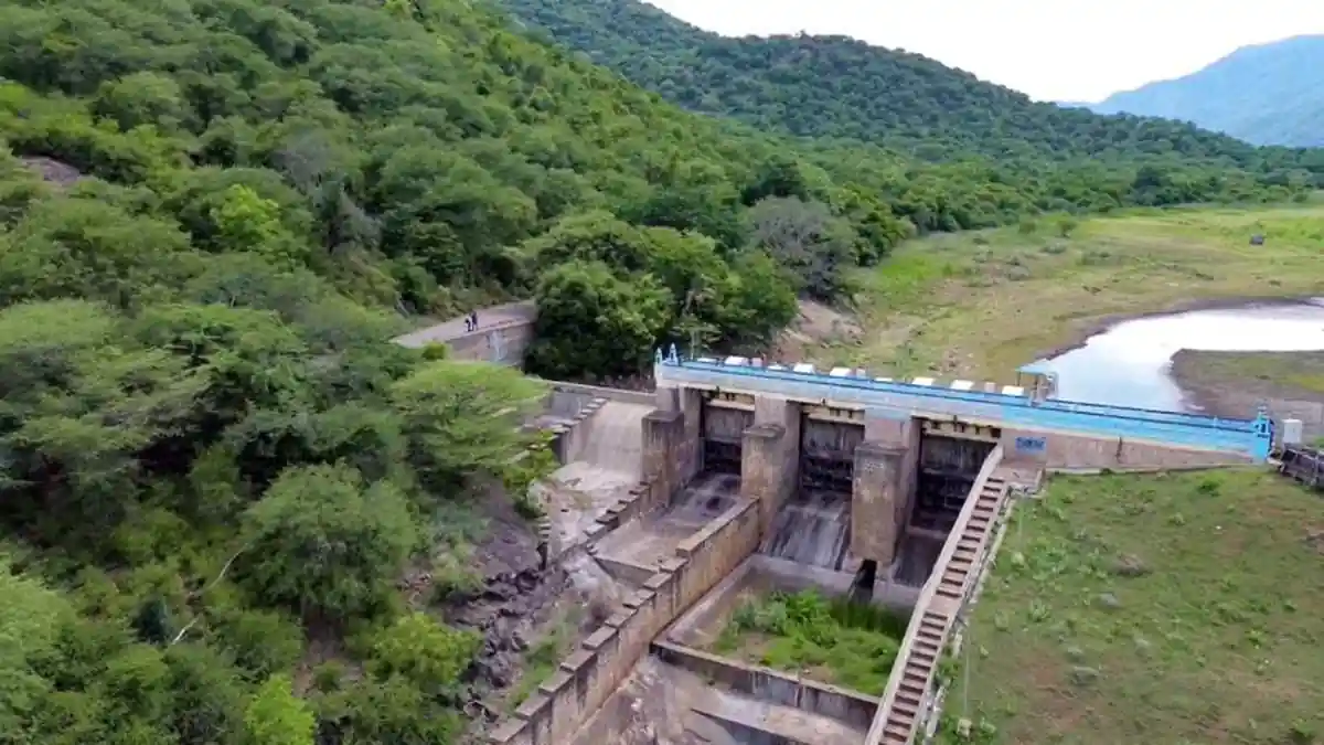 An aerial view of the Sathiyar dam amid water shortage at Palamedu area in Madurai, June 24, 2026.