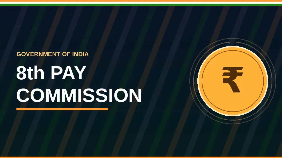 8th Pay Commission banner with Government of India label and rupee coin icon, representing salary and pension revision for central government employees